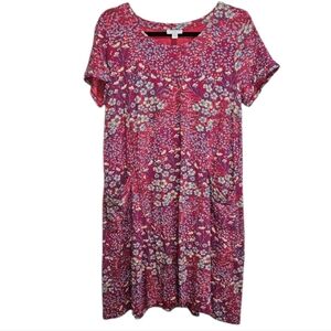 J Jill Women's Medium Shirt Dress Red Blue Floral Pockets Summer Cotton Blend